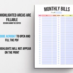 May include: A printable monthly bill tracker with a pastel color scheme. The tracker has columns for paid, bill, due date, auto pay, amount, and notes. The blue highlighted areas are fillable.