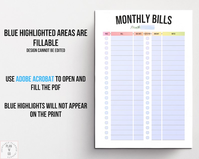 May include: A printable monthly bill tracker with a pastel color scheme. The tracker has columns for paid, bill, due date, auto pay, amount, and notes. The blue highlighted areas are fillable.