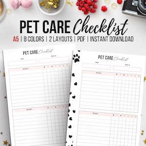 Controlelijst voor huisdierverzorging, afdrukbare hondenverzorgingskaart, tracker voor kattenwelzijn, puppyplanner-insert, medicijnrecord voor huisdieren, A5