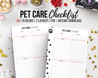 Pet Care Checklist, Printable Dog Care Chart, Cat Welfare Tracker, Puppy Planner Insert, Pet Medication Record, A5