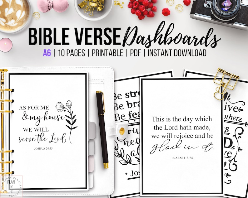 A collection of printable A5 Bible verse dashboards, featuring designs with quotes from Joshua 24:15 and Psalm 118:24, alongside a planner, pen, coffee, and berries.