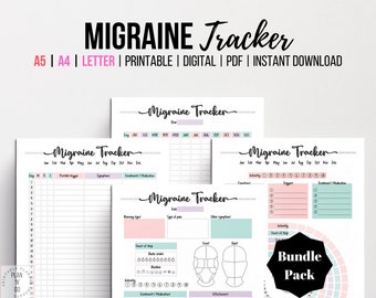 May include: A printable migraine tracker bundle pack with three different designs. The trackers include sections for tracking headache intensity, triggers, treatment, and medication. The bundle also includes a calendar tracker and a head diagram for tracking pain location.