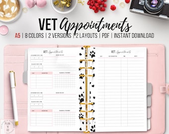 May include: A printable A5 size planner with a paw print design. The planner is for keeping track of vet appointments. The planner has sections for appointment date and time, reason for visit, cost, description, diagnosis and treatment, and notes.