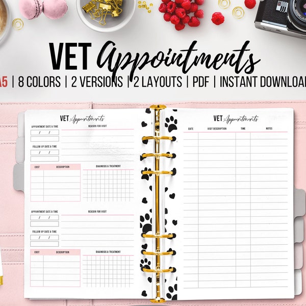 Printable Vet Visit, Vet Appointment Tracker, Pet Health Record, Vet Notes, Vet Cost Tracker, Pet Planner Organizer, Pet Information, A5