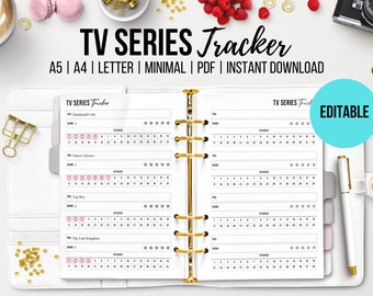 Editable TV Series Tracker, Printable TV Show, TV Series Journal, Series to Watch, Episode Log, Watchlist, Minimalist Insert, A5, A4, Letter