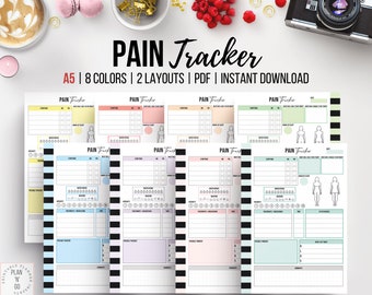 May include: Printable pain tracker planner in A5 size with 8 different colour options and 2 layouts. The planner includes sections for tracking pain levels, symptoms, medication, and more. The planner is available as an instant download in PDF format.