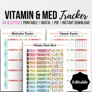 Registro de medicación imprimible, registro de vitaminas y suplementos editable, hoja de referencia sobre vitaminas, planificador de salud, registro de vitaminas, tamaño A4, carta