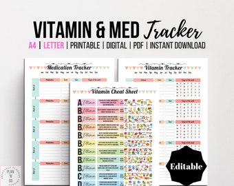 Medication Tracker Printable, Editable Vitamin and Supplement Log, Vitamin Cheat Sheet, Health Planner, Vitamin Tracker, A4, Letter