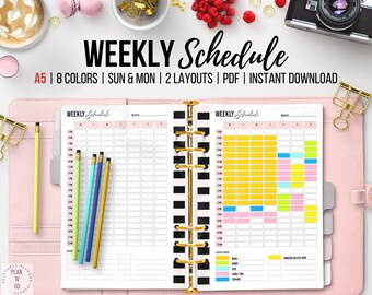 Weekly Planner Printable, Hourly Schedule, Timetable Planner, To-Do Planner, Week on one Page, Sunday and Monday Start, A5 Planner Inserts