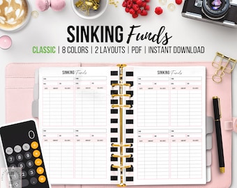 May include: A printable planner page with the title "Sinking Funds" in black text. The page is divided into four sections, each with columns for "Fund", "Goal", "Date", "Amount", and "Balance". The page is designed for use with a ring binder.