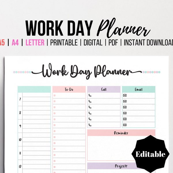 Editable Work Day Organizer, Business To-Do List and Printable Office Scheduler for A5, A4, Letter Sizes