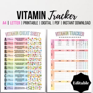 Registro de vitaminas editable, hoja de referencia de vitaminas imprimible, registro de salud, registro de suplementos dietéticos, tabla de nutrientes, programa de vitaminas, A4, carta