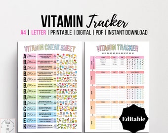 Bearbeitbarer Vitamin Tracker, druckbarer Vitamin-Spickzettel, Gesundheits-Tracker, Nahrungsergänzungs-Log, Nährwerttabelle, Vitamin-Plan, A4, Letter