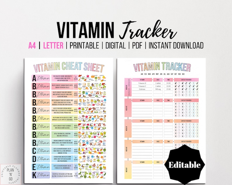 K&ouml;nnte beinhalten: Druckbarer Vitamin-Tracker und Spickzettel. Der Tracker hat einen Regenbogen-Verlaufshintergrund und enth&auml;lt Abschnitte f&uuml;r Vitaminname, Dosierung, Datum, Uhrzeit und Wochentage. Der Spickzettel listet die Vitamine A, B, C, D, E und K mit ihren Vorteilen und Nahrungsquellen auf.