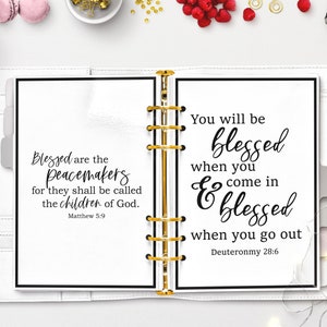 A collection of printable A5 Bible verse dashboards, featuring designs with quotes from Matthew 5:9 and Deuteronmy 28:6