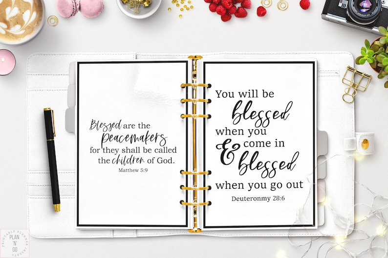 A collection of printable A5 Bible verse dashboards, featuring designs with quotes from Matthew 5:9 and Deuteronmy 28:6