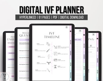 May include: A digital IVF planner with 81 pages, hyperlinked and downloadable as a PDF. The planner includes a timeline for IVF treatment, questions to ask your doctor, and trackers for monitoring progress.