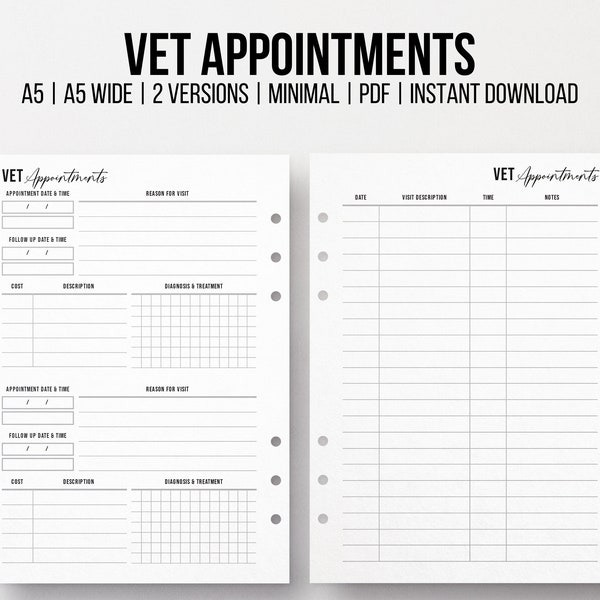 Vet Appointment Tracker, Printable Vet Visit, Pet Information, Minimalist Pet Planner Insert, Appointment Log, Pet Care, A5, A5 Wide