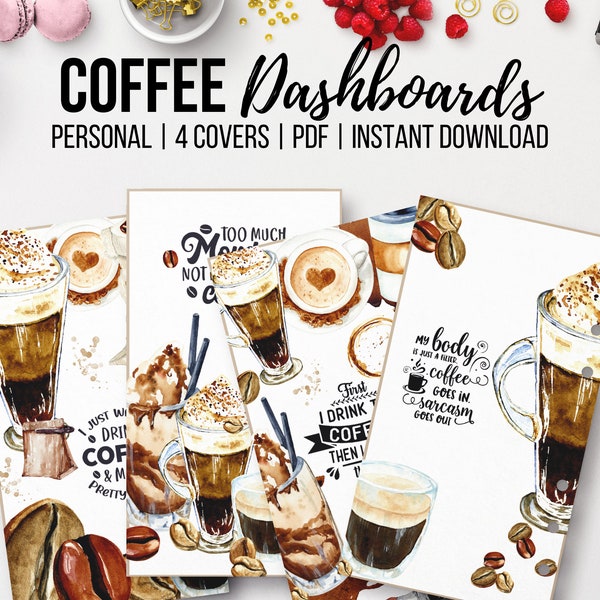 Coffee Dashboard, Printable Coffee Planner Cover, Personal Size Planner Insert, Set of 4, Coffee Travel Mug, Watercolor Coffee Bean