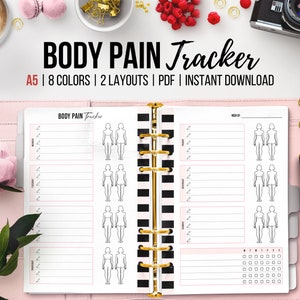 May include: A printable body pain tracker in A5 size with 8 color options and 2 layouts. The tracker features a body outline with sections for marking pain levels. The text "BODY PAIN Tracker" is at the top of the page.
