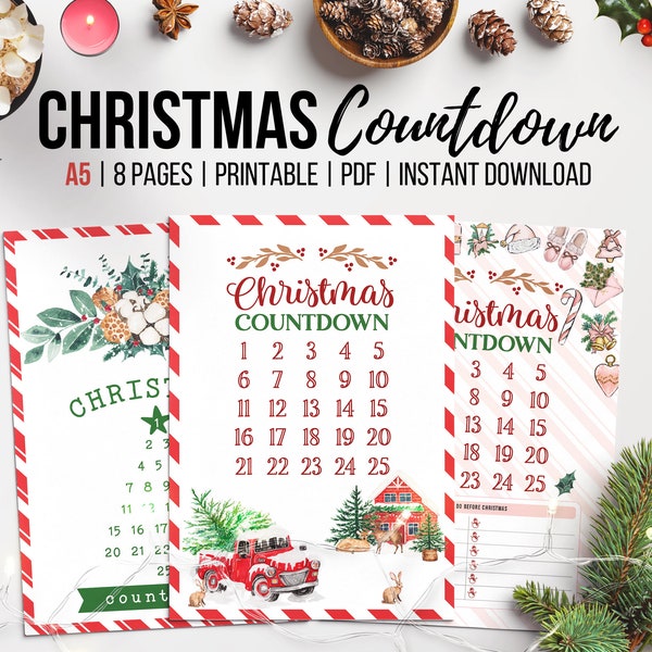 Christmas Countdown, Printable Advent Calendar, Days Until Christmas, Holiday Countdown, Christmas Tree Calendar, Set of 4, A5