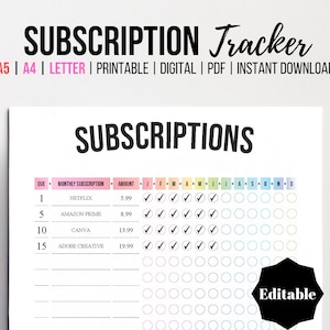 Puede incluir: Un rastreador de suscripciones imprimible con un esquema de colores arcoíris. El rastreador incluye columnas para la fecha de vencimiento, la suscripción mensual, el monto y casillas de verificación para cada mes del año. El texto "Editable" está en una estrella negra en la esquina inferior derecha.