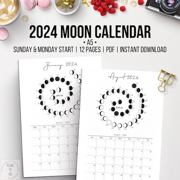 2024 Moon Calendar, Printable Monthly Planner, Sunday & Monday Start, Monthly Cycles of the Moon's Phases, A5 Planner Insert