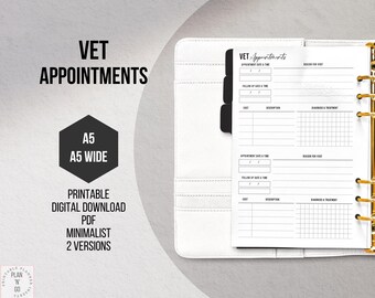 Planificador de citas veterinarias, imprimible, información sobre mascotas, plantilla minimalista para agenda de mascotas, registro de citas, cuidado de mascotas, A5, A5 ancho