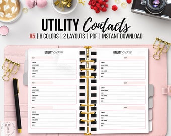 Printable Utility Contacts, Household Organizer, Utility Providers List, Utility Service Contact List, Utility Information Tracker, A5