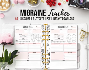 Migräne-Tracker zum Ausdrucken, Kopfschmerzen, Schmerzsymptome, Migräne-Datensatz, Chronische Schmerztracker, Chronische Migräne, Schmerztagebuch, Gesundheits-Einsatz, A5