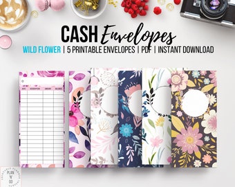 Printable Cash Envelope, Cash Envelope Tracker, Spending Tracker, Set of 5, Wild Flower Theme, Vertical Envelope, Money Tracker