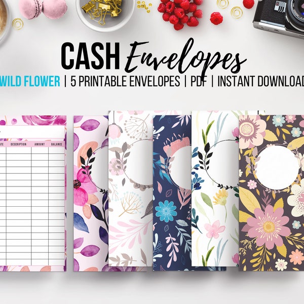 Printable Cash Envelope, Cash Envelope Tracker, Spending Tracker, Set of 5, Wild Flower Theme, Vertical Envelope, Money Tracker