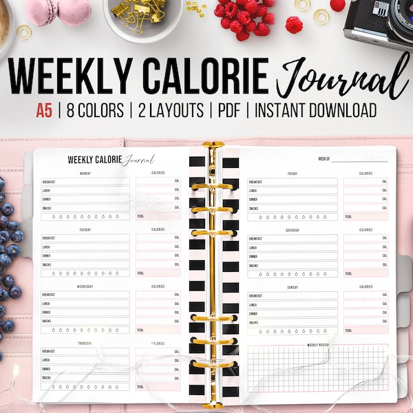 Food Journal, Calorie Tracker, Printable Weight Loss Journal, Food Diary and Tracker, Fitness Planner Insert, Calorie Counting,A5