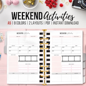 May include: A printable planner page with a black and white striped binder and gold rings. The page is titled "Weekend Activities" and has sections for things to do, places to visit, meals, books to read, movies to watch, and other activities.