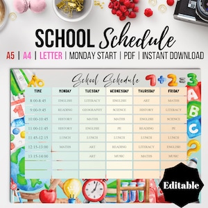 Horario escolar editable para niños, tema de útiles escolares, horario escolar imprimible, horario de clases de primaria en acuarela, A5, A4, carta