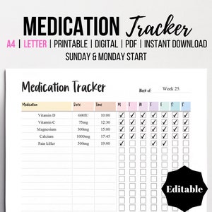 Registro de medicamentos editable, registro de medicamentos imprimible, organizador de vitaminas y suplementos, inserto de planificador de salud, tamaño A4, carta