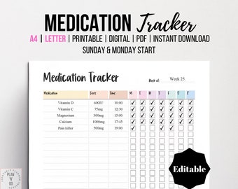 Editable Medication Tracker, Printable Medication Log, Vitamin and Supplement organizer, Health Planner Insert, A4, Letter