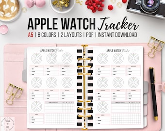 Rastreador de Apple Watch imprimible, diario de actividad física, rastreador de ejercicios, rastreador de ejercicios, plantilla de actividad, salud y fitness, A5