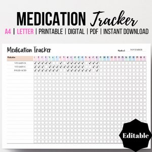 Rastreador de medicamentos, registro de medicamentos editable e imprimible, organizador de vitaminas y suplementos, inserto del planificador de salud, A4, carta