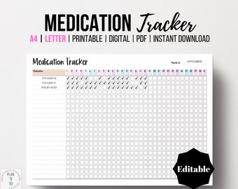 Medication Tracker, Editable and Printable Medication Log, Vitamin and Supplement Organizer, Health Planner Insert, A4, Letter