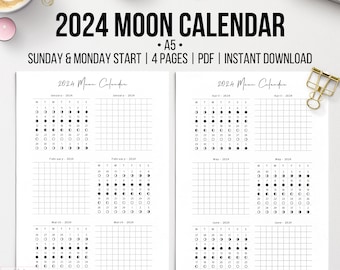 2024 Moon Calendar, Printable Monthly Planner, Sunday & Monday Start, Monthly Cycles of the Moon's Phases, A5 Planner Insert