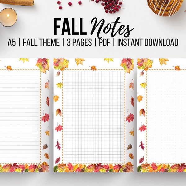 Autumn Note Pages, Printable Dotted, Grid, Lined Notes Paper, Autumn Leaves, Season Note Page, Fall Themed Personal Planner Insert, A5