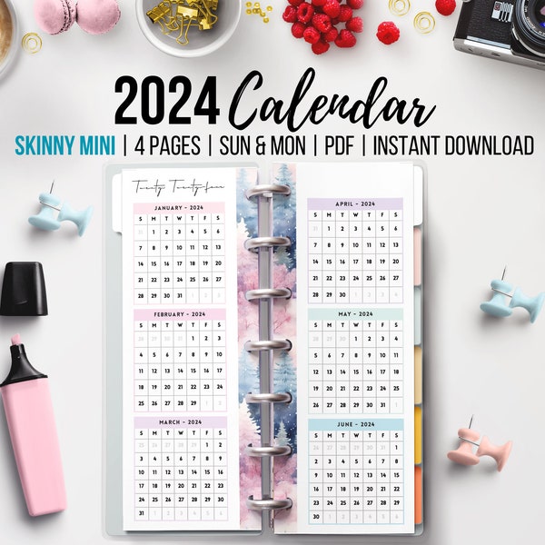 Skinny Mini, 2024 datierter Kalender, druckbarer ewiger Kalender, das Jahr auf einen Blick, Sonntag und Montag Start, Jahresübersicht