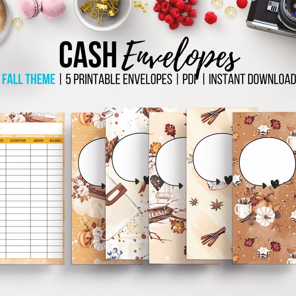 Printable Cash Envelope, Money Management, Monthly Savings, Fall Theme Cash Envelope System, Monthly Budget, Expense Tracker, Set of 5