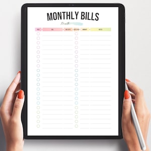 May include: A printable monthly bill tracker with columns for paid, bill, due date, auto pay, amount, and notes. The tracker has a light blue, pink, and yellow watercolor background.