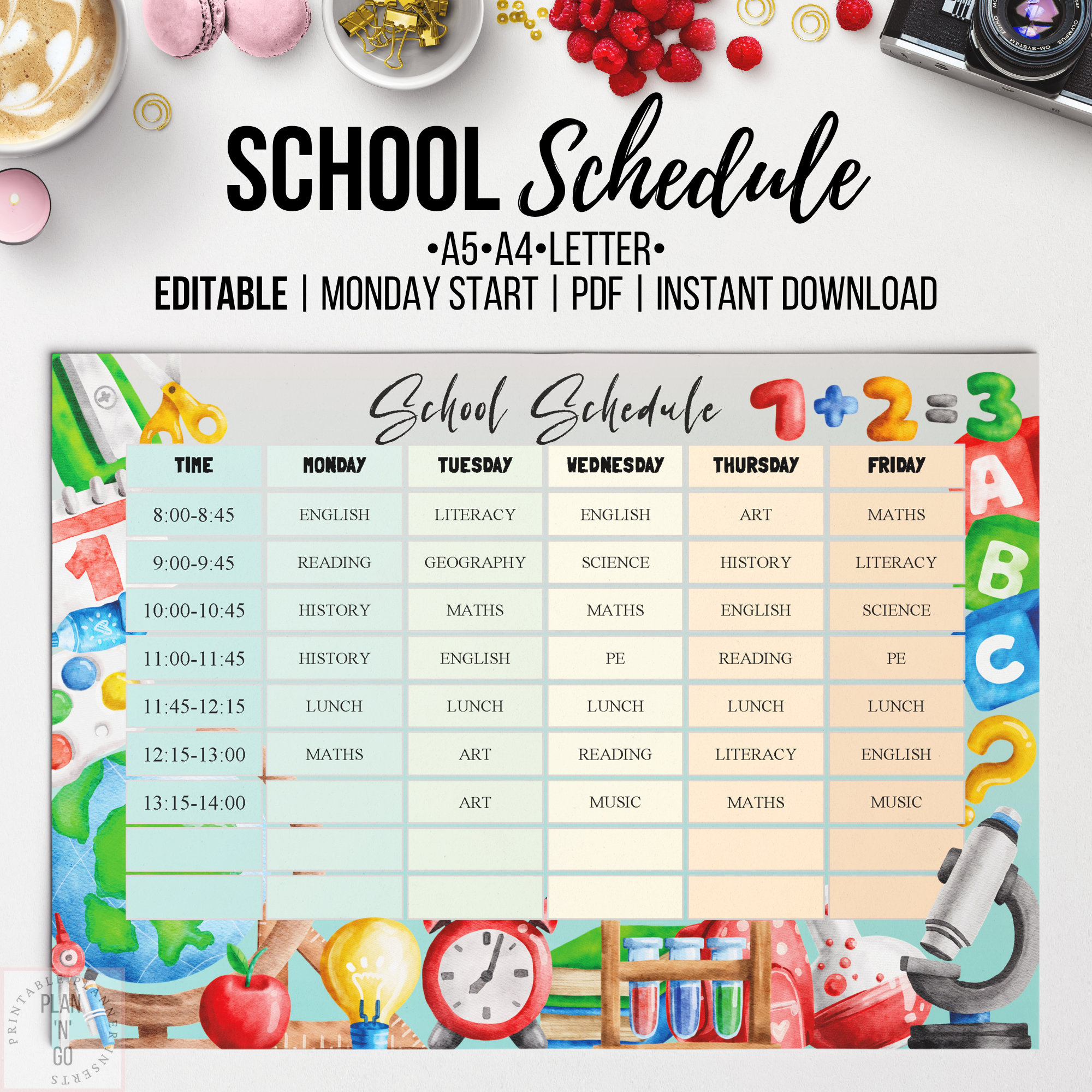 Editable School Schedule for Kids, School Supplies Theme