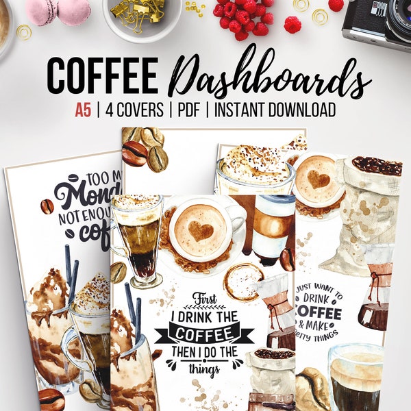 Coffee Planner Dashboard, Printable Planner Cover, Set of 4, Coffee Themed Planner Divider, Watercolor Travel Coffee Mug, A5 Planner Insert