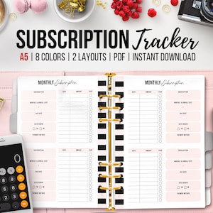 Abonnement-Tracker, druckbares monatliches Abonnement, Mitgliedslogbuch, Kontoverfolgung, Ausgabentracker, A5-Planereinlagen