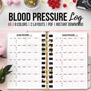 May include: A printable blood pressure log in A5 size with 8 color options and 2 layouts. The log has columns for date, time, systolic, diastolic, pulse, and notes. The log is designed for use with a binder.