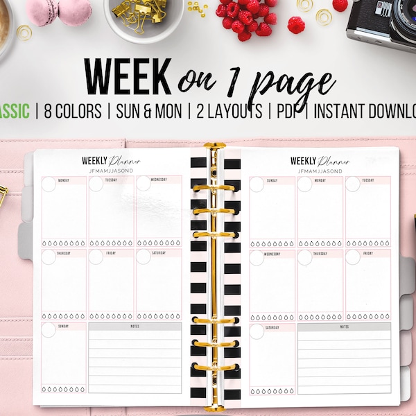 Simple Weekly Planner, Printable Classic Happy Planner Insert, Vertical Undated Planner, Sunday and Monday Start, Weekly Overview